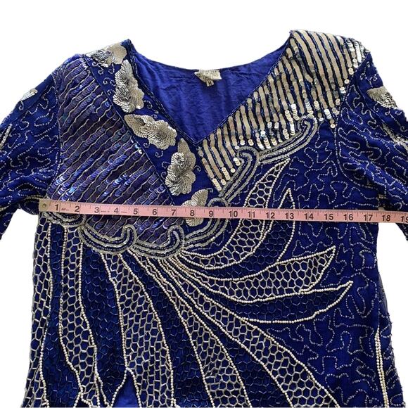 Vintage Royal Blue Pure Silk Beaded Pearl & Silver Sequins V-Neck Retro Blouse - Picture 5 of 10